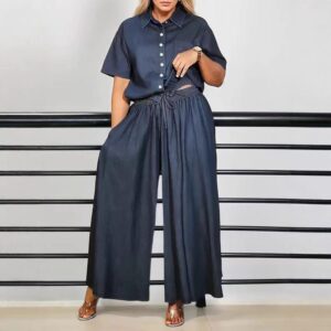 Femme Ample Décontracté Uni-Color Two-Piece Set Manches Courtes Top And Wide-Leg Long Pantalon
