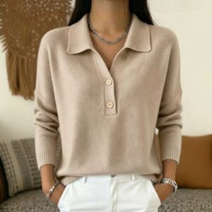 Femme Knitted Sweater With Turn-Down Collar, Décontracté Knit Top