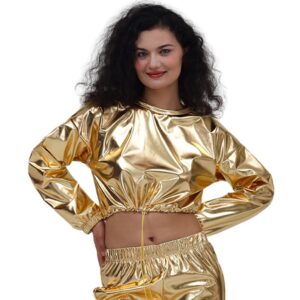 Manches Longues Col Rond Drawstring Embossed Shiny Leather Sweatshirt