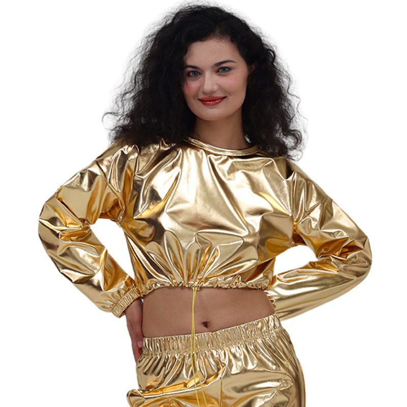 Manches Longues Col Rond Drawstring Embossed Shiny Leather Sweatshirt