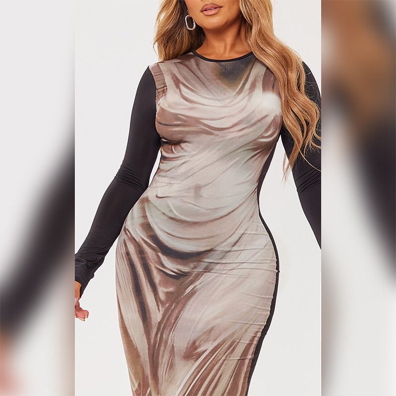 Round-Neck Imprimé Manches Longues Waist-Cinching Sheath Robe