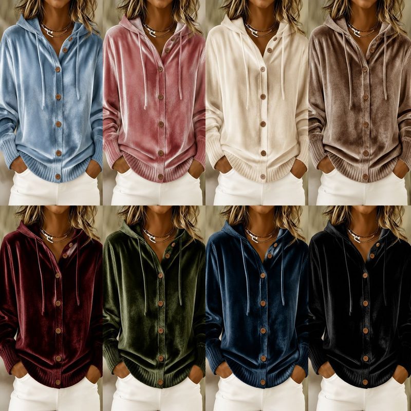 Buttoned Velvet Hooded Cardigan Uni-Color Manteau