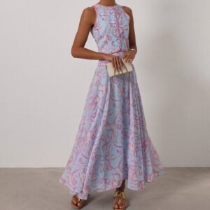 Abstract Print Sleeveless Crop Vest & Flared Midi Jupe 2-Piece Set