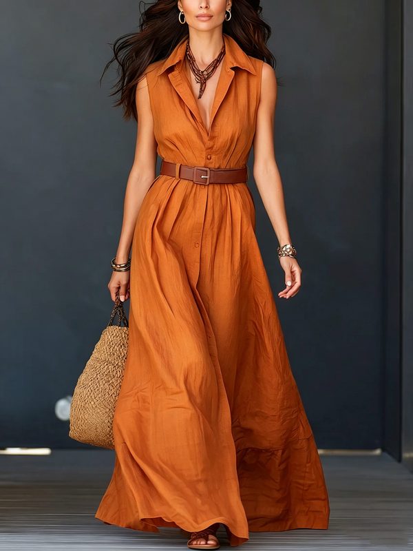 Sleeveless Lapel-Neck Waist-Cinching Shirt Robe
