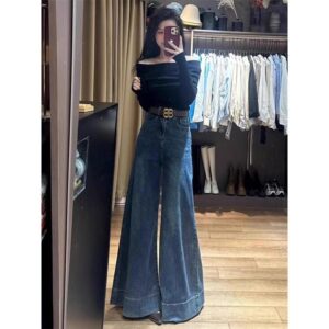 Stretchy Coupe Ample Figure-Flattering Draped Straight-Leg Taille Haute Wide-Leg Denim Jeans