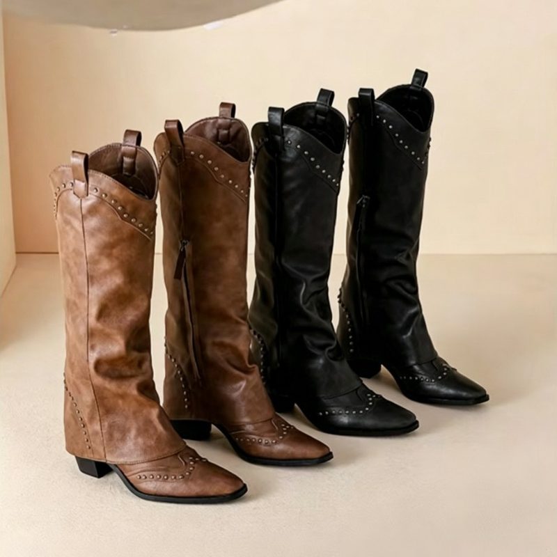 Rétro Pointed-Toe Rivet Plus-Size Western Boots