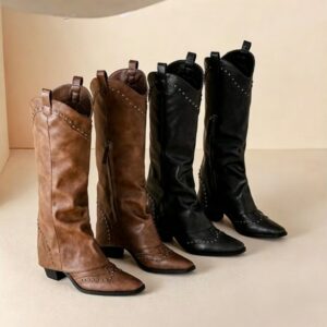 Rétro Pointed-Toe Rivet Plus-Size Western Boots