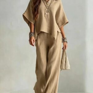 Ensemble de Vacances Chic et Décontracté Deux Pièces : Crop Top Semi-Boutonné à Col Revers et Manches Chauve-Souris & Pantalon Large Taille Haute