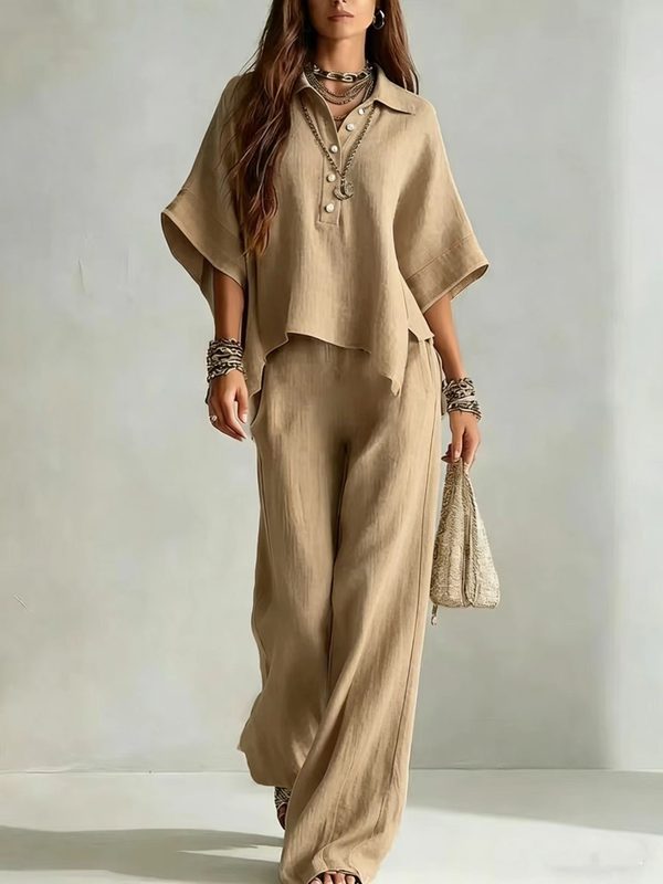 Ensemble de Vacances Chic et Décontracté Deux Pièces : Crop Top Semi-Boutonné à Col Revers et Manches Chauve-Souris & Pantalon Large Taille Haute