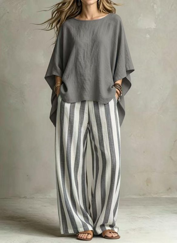 Ensemble Femme Chic : Pantalon Rayé et Haut Coton-Lin à Manches Chauve-Souris