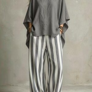Ensemble Élégant Femme : Pantalon Rayé et Haut en Coton et Lin à Manches Chauve-Souris