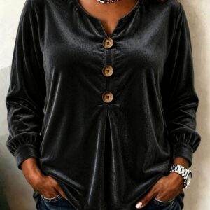 Blouse Élégante en Velours à Col V et Manches Longues Boutonnée pour Femme