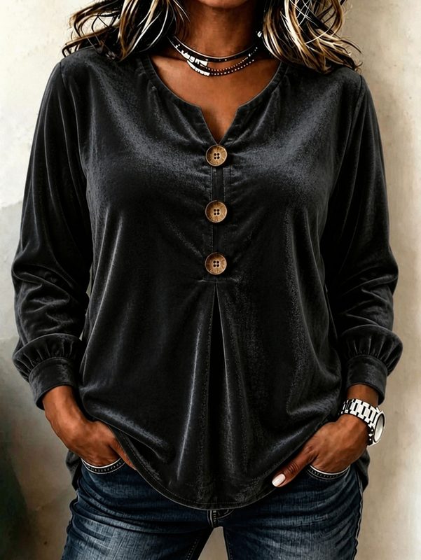 Blouse Élégante en Velours à Col V, Boutonnée et Manches Longues pour Femme