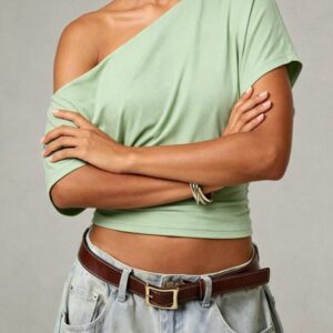 Femme Uni-Color Pleated Waist-Cinching Drop-Shoulder Décontracté Manches Courtes Top