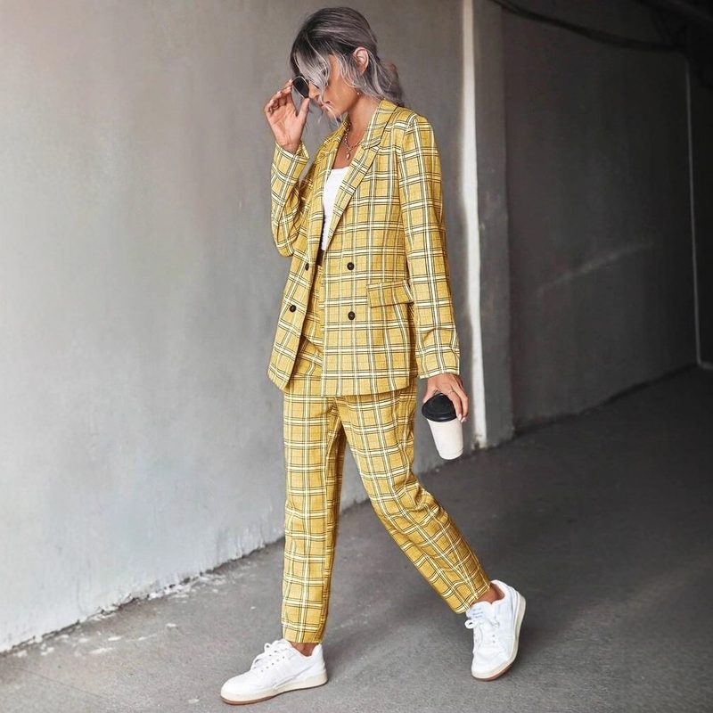 Versatile Décontracté Commuter Double-Breasted Plaid Suit Set
