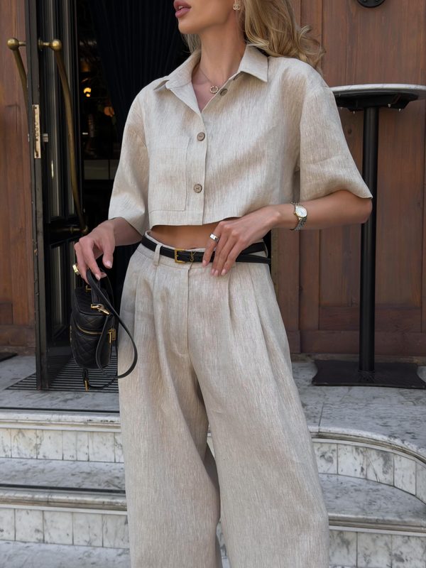Ensemble Coordonné : Haut Cropped à Manches Courtes et Pantalon Plissé à Jambes Larges