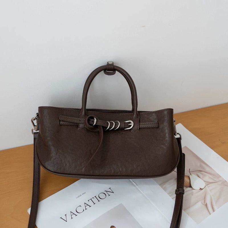 Vintage Vegetable-Tanned Leather Handbag , High-End Single-Sac Bandoulière With A Unique Belt Buckle Design, Genuine Leather Crossbody Sac