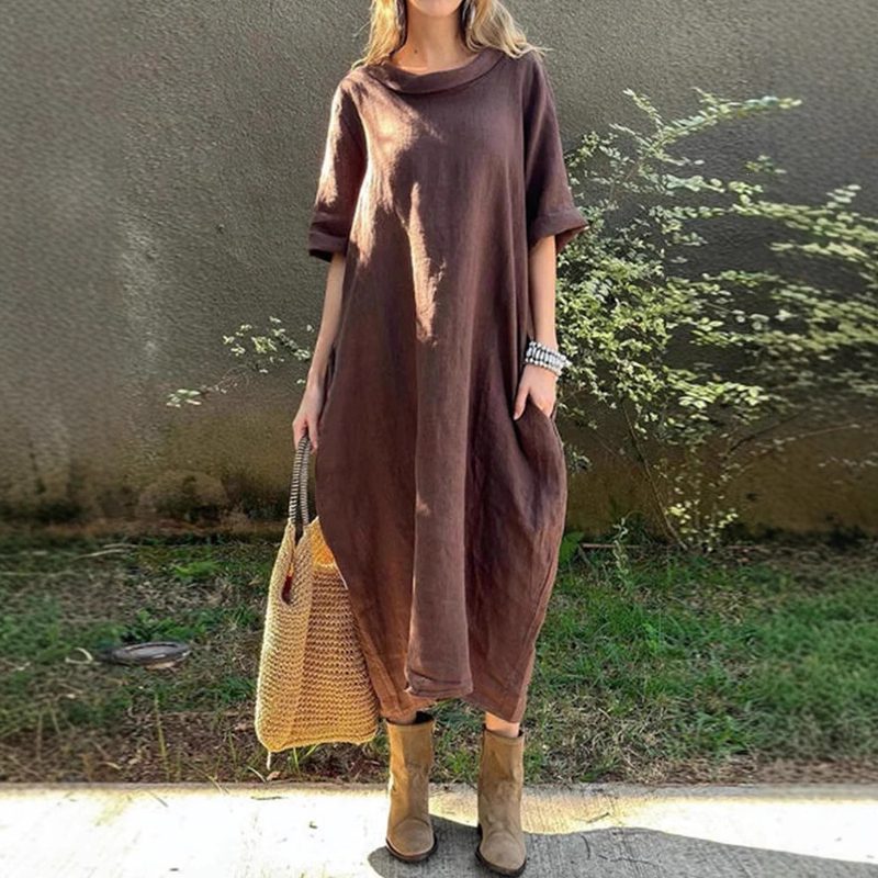 Décontracté Ample-Fitting Round-Neck Mid-Sleeve Maxi Robe With A Flared Hem
