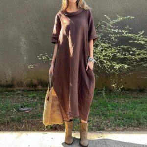 Décontracté Ample-Fitting Round-Neck Mid-Sleeve Maxi Robe With A Flared Hem