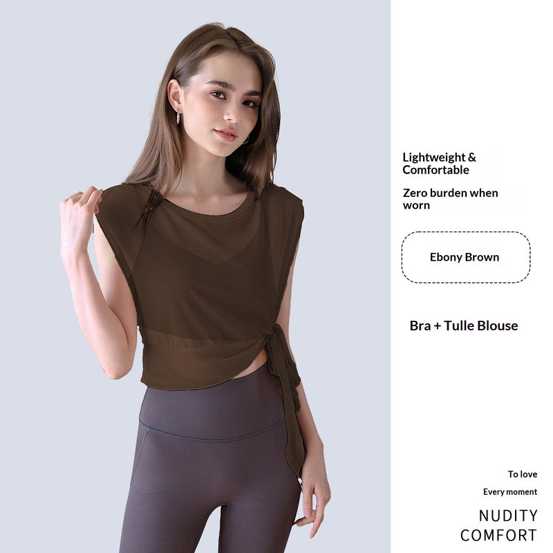 Summer 2-Piece Yoga Outfit, Sports Manches Courtes Top With Built-In Bra Pads, Mesh Pilates Fitness Top