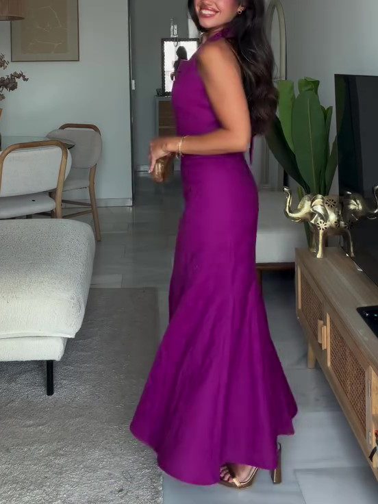 Ensemble Coordonné Deux Pièces : Crop Top Plissé Licou et Jupe Longue Sirène Taille Haute