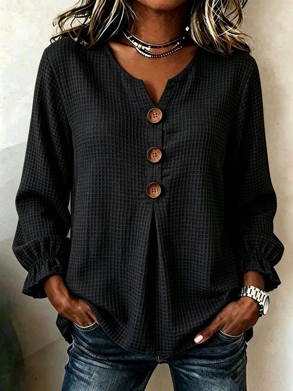 Femme Waffle-Knit Col V Top With Ruffled Sleeves, Ample Fit