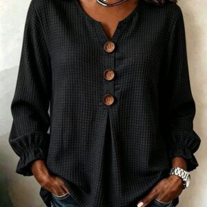 Femme Waffle-Knit Col V Top With Ruffled Sleeves, Ample Fit