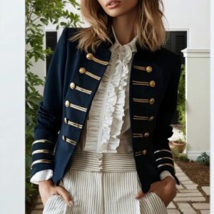 Navy-Style Gold-Striped Buttoned Veste