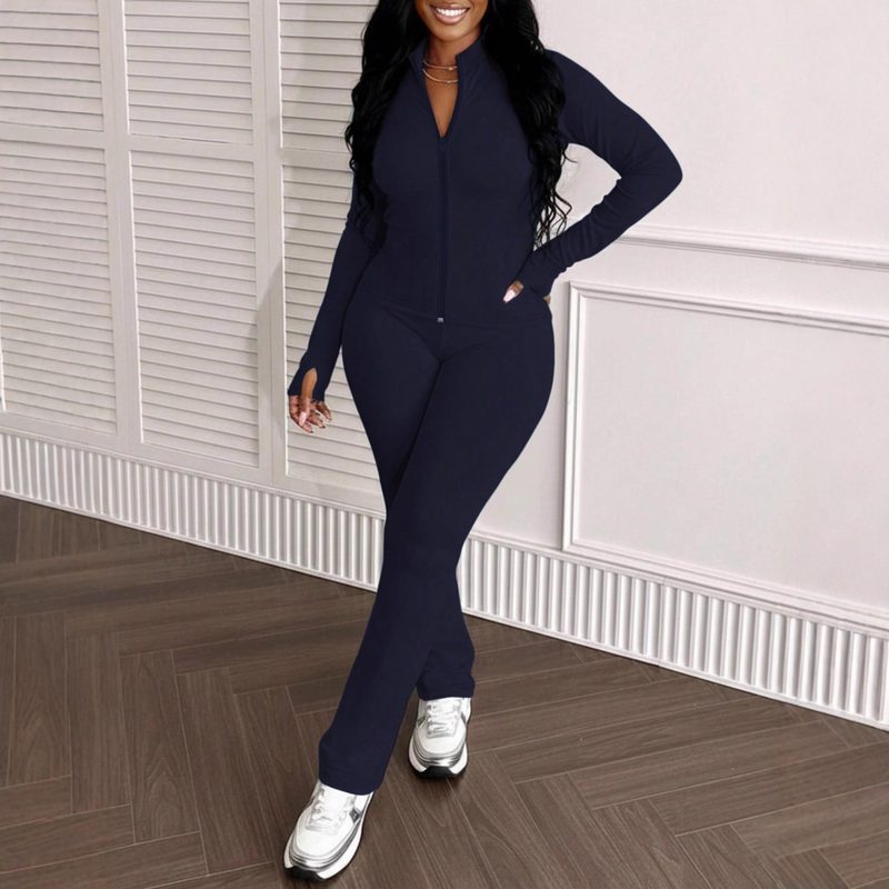 Femme Décontracté Coupe Ajustée Zip-Up Veste And Trousers Two-Piece Set