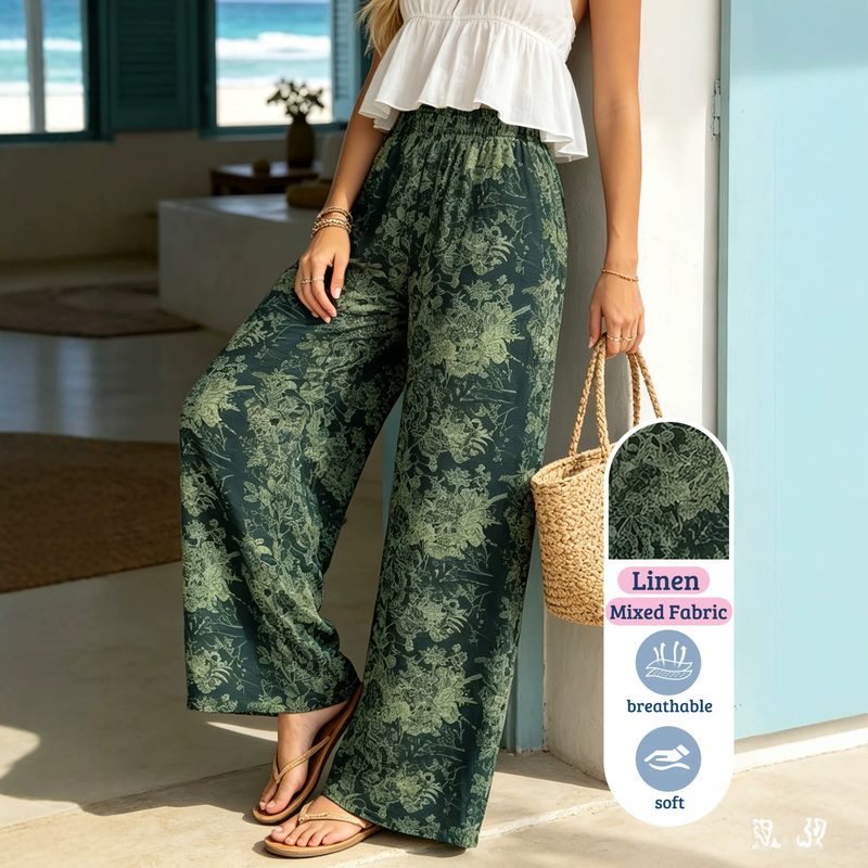 Pantalon Fluide Taille Haute Respirant, Esprit Vacances Décontracté