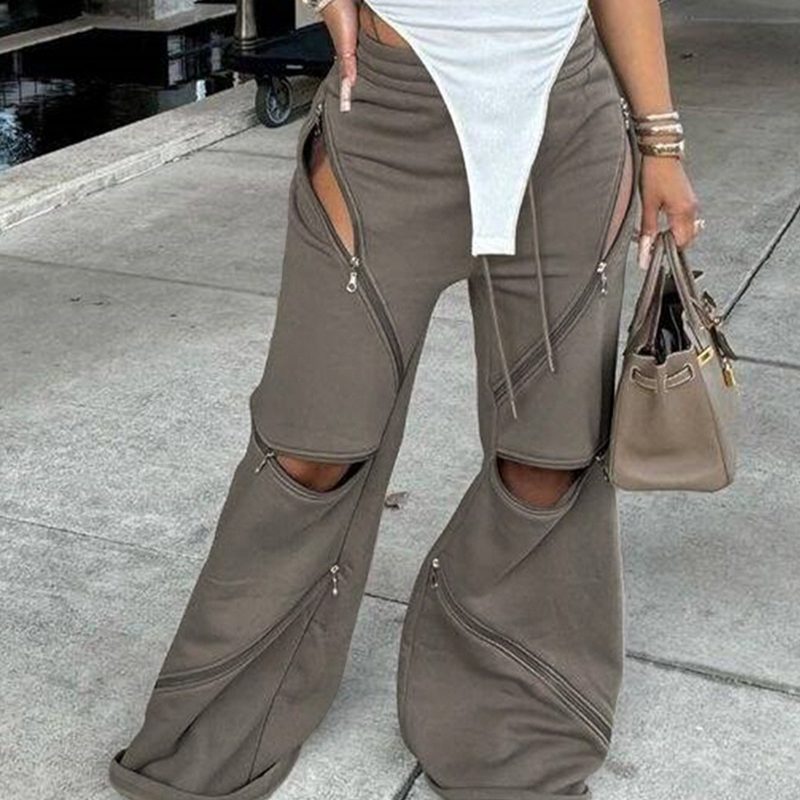 Pantalon Évasé Tendance en Patchwork à Coupe Large, Orné de Multiples Zips
