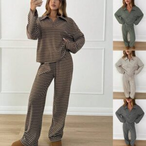 Notch-Collar Pullover Manches Longues Top And Wide-Leg Pantalon Set