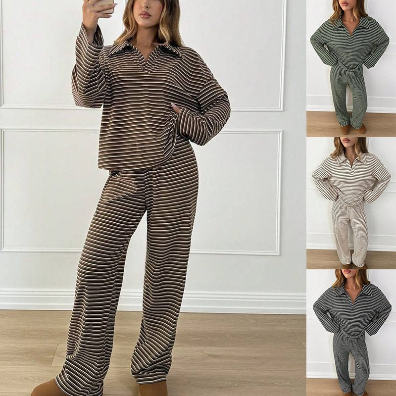 Notch-Collar Pullover Manches Longues Top And Wide-Leg Pantalon Set