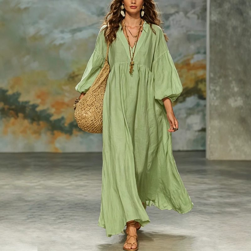 Deep-V Lantern-Sleeve Coupe Ample Flared Robe