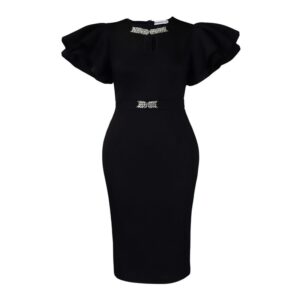 Robe Fourreau Estivale à Manches Volantées et Col Rond, Sublimée de Strass