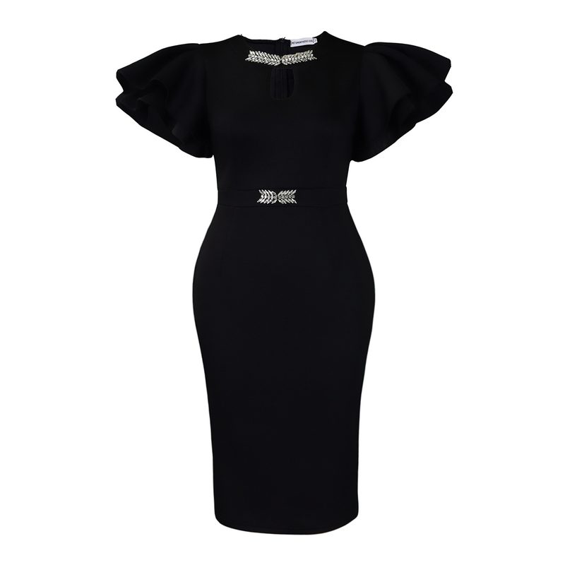 Robe Fourreau Estivale à Manches Volantées et Col Rond, Sublimée de Strass