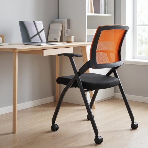 1 Pack Stackable Conference Room Chairs With Wheels,Folding Office Chair With Rebound Back,Padded Seat For Entraînement Room,Guest,Reception,Event,Capacity 350Lbs,Orange