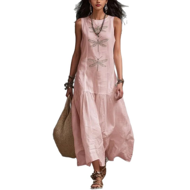 Robe Femme Unie à Col Rond et Motif Libellule