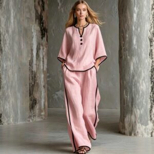 Col V Ample Batwing-Sleeve Top And Wide-Leg Pantalon Set