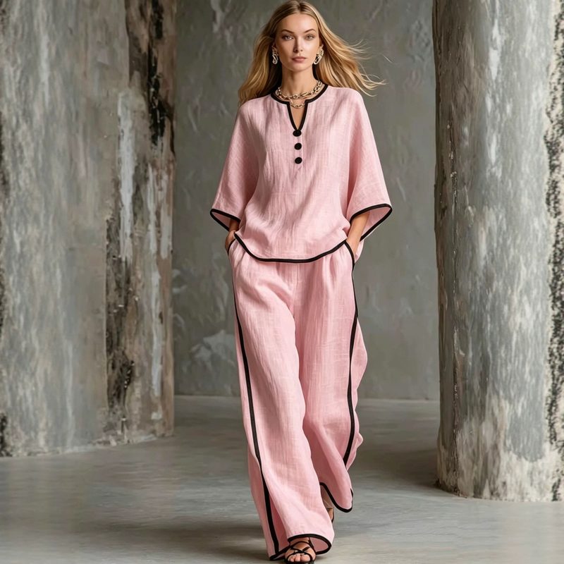Col V Ample Batwing-Sleeve Top And Wide-Leg Pantalon Set