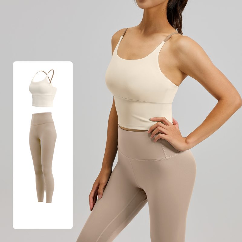 Two-Piece Sports Fitness Outfit With Camisole Top & Long Pantalon, Color Block Shockproof Yoga Wear For Indoor Entraînement