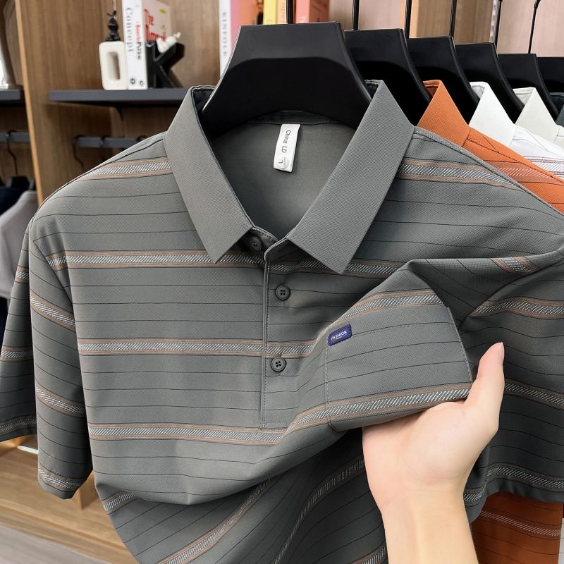 Homme Summer Striped Coupe Ample Lapel T-Shirt