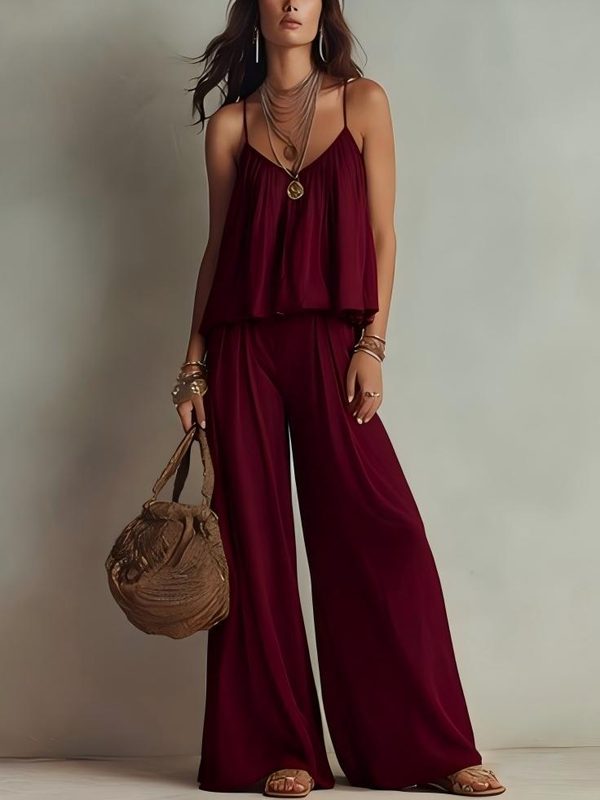 Ensemble de Vacances 2 Pièces Chic : Crop Top Ample Col Carré & Pantalon Fluide Taille Haute à Jambes Larges