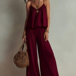 Ensemble Deux Pièces Vacances : Crop Top Cami Ample Col Carré & Pantalon Fluide Jambes Larges Taille Haute