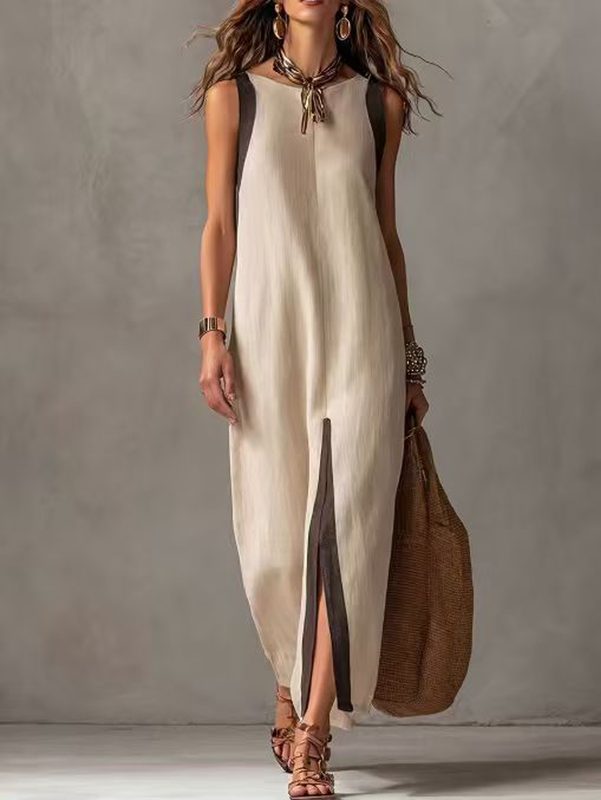 Nouvelle Collection Été : Robe Femme Chic & Décontractée, Sans Manches, Color Block à Fente