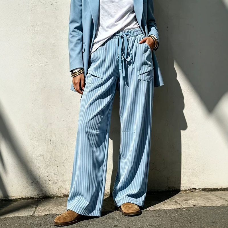 Pantalon Long Ample pour Femme, Style Décontracté avec Taille à Cordon et Poches