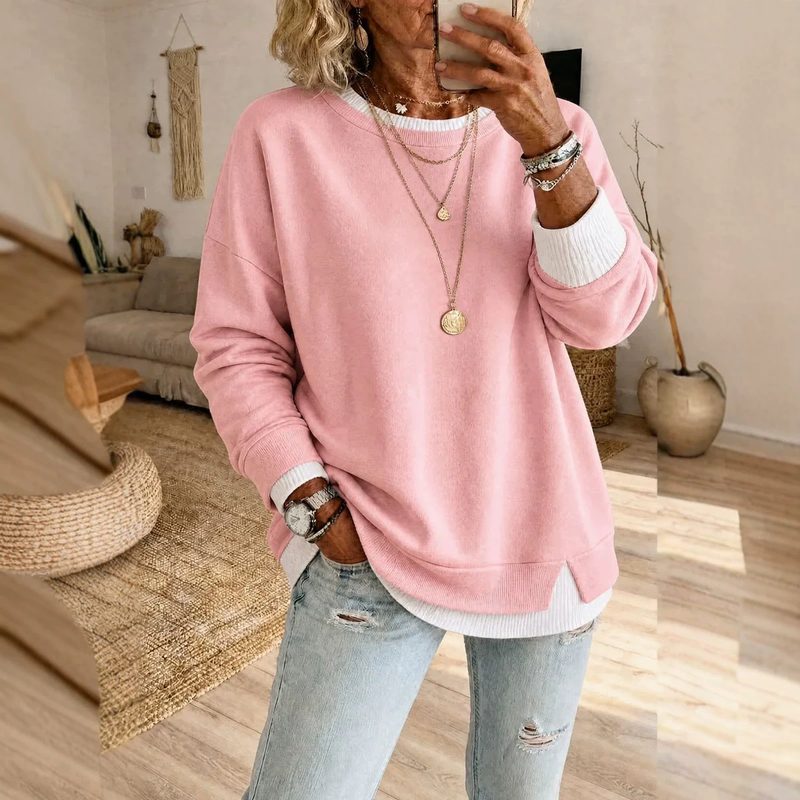 Mock-Two-Piece Ribbed Slit Crew-Neck Manches Longues Décontracté Pullover Sweatshirt