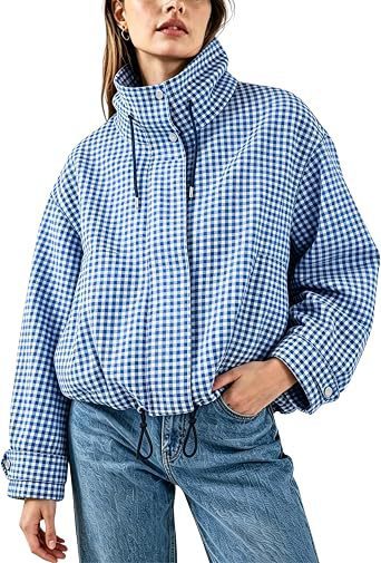 Femme Plaid Stand-Neck Short Manches Longues Veste With Zipper