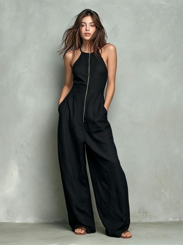 Femme Uni-Color Zip-Front Backless Wide-Leg Relaxed-Fit Jumpsuit
