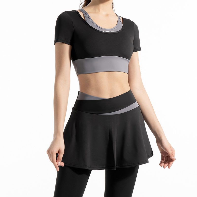 Color-Matching No-Wear Bra Quick-Drying Fake Two-Piece Short-Sleeved Yoga Suit Taille Haute Hiding Hip Anti-Glare Fitness Culottes Suit